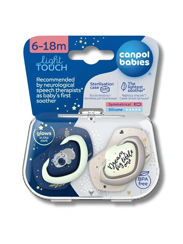 CANPOL BABIES - LOT DE 2 SUCETTES LIGHT TOUCH 6-18MOIS SYMÉTRIQUE BRILLE DANS LE NOIR SLEEPY KOALA ROSE 22/659